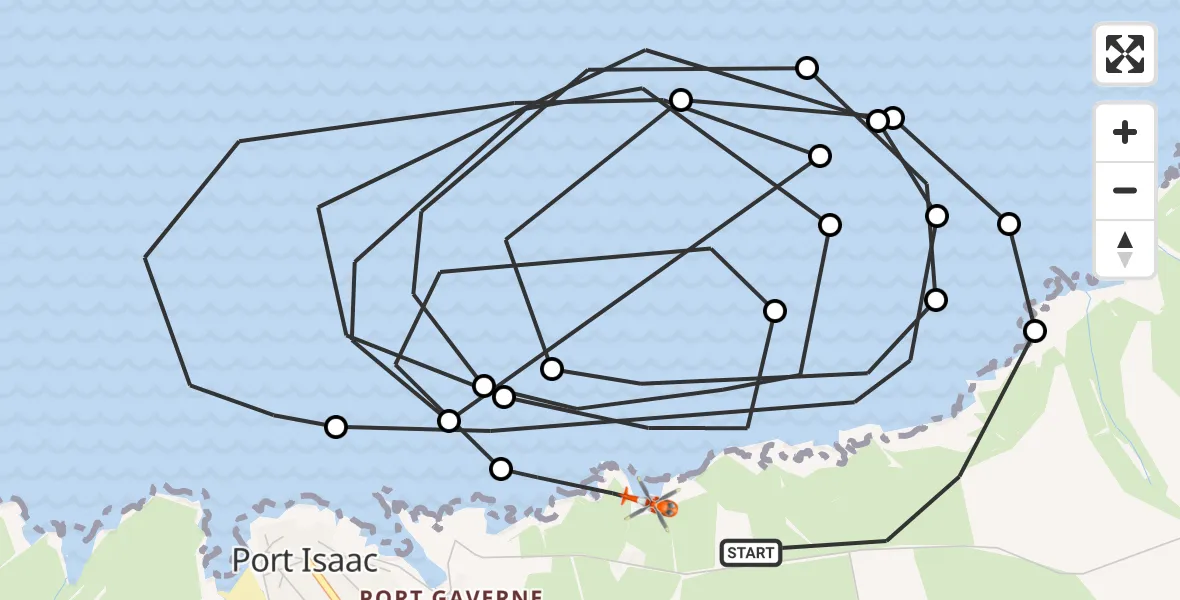 Flight path map showing Coastguard Helicopter route from Port Isaac to Port Isaac