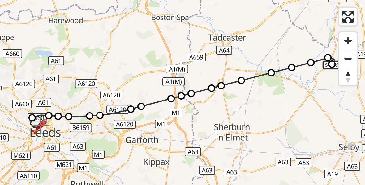 Flight path map showing Air Ambulance Helicopter route from Stillingfleet to Hyde Park
