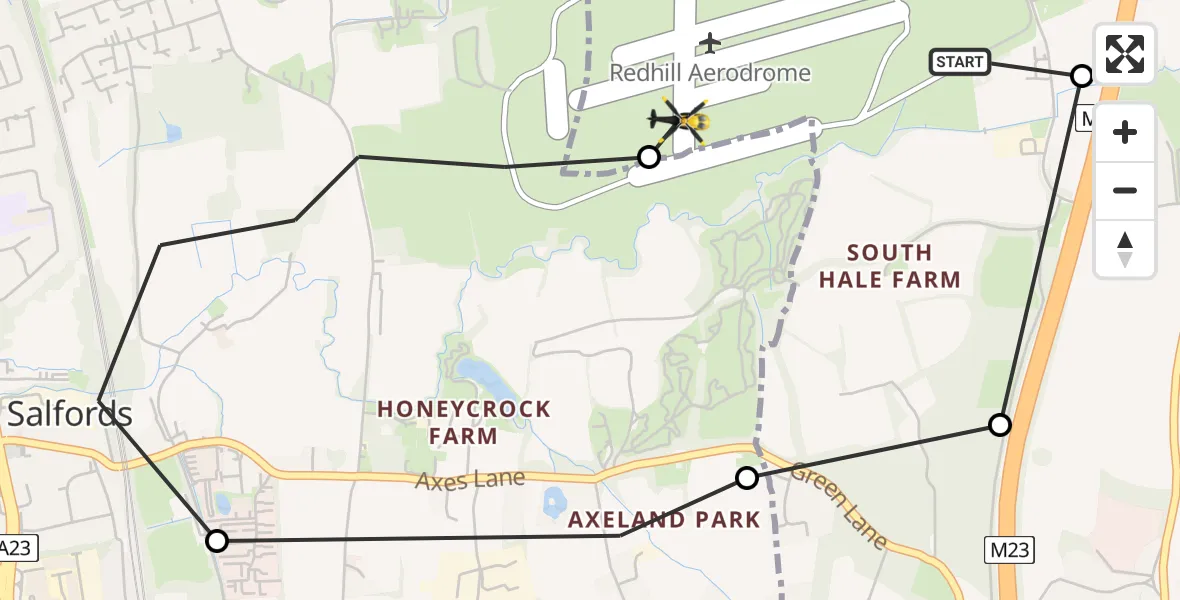 Flight path map showing Police Helicopter route from Redhill Aerodrome to Redhill Aerodrome