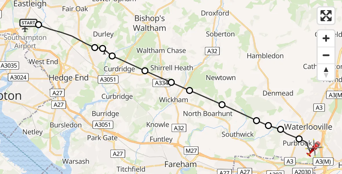 Flight path map showing Air Ambulance Helicopter route from Southampton Airport to Havant