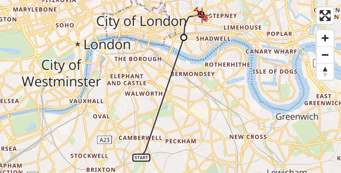 Flight path map showing Air Ambulance Helicopter route from Kings College London Hospital to Royal London Hospital