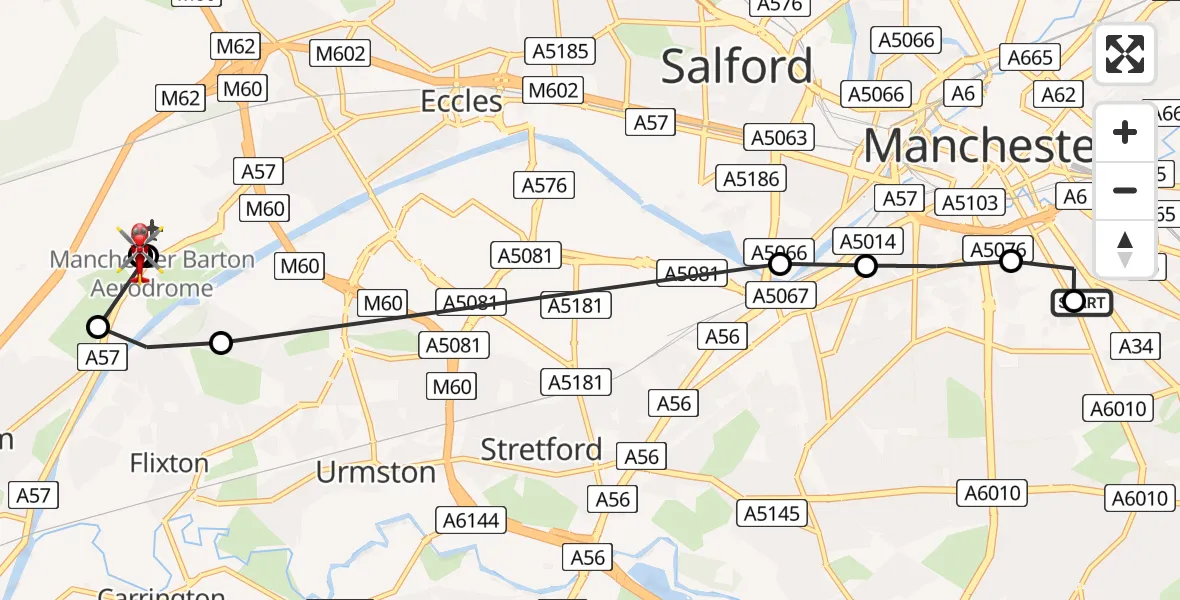 Flight route Air Ambulance Helicopter Ardwick - Manchester Barton Aerodrome, 21 April 2026, 16:32
