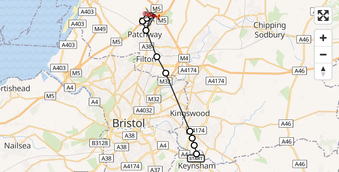 Flight path map showing Air Ambulance Helicopter route from Keynsham to Almondsbury Helicopter Base