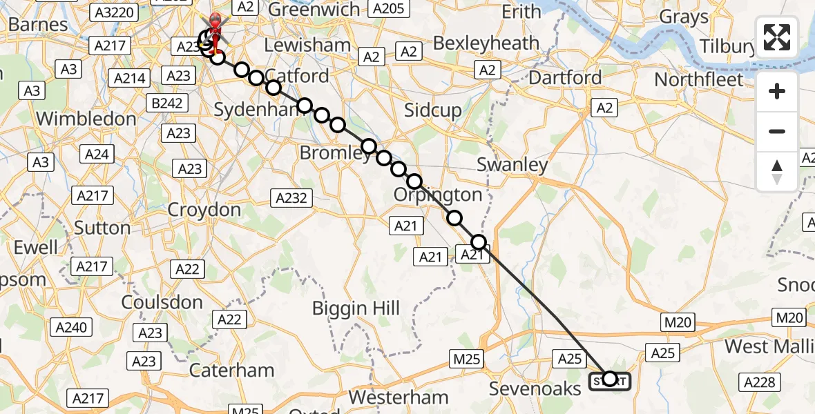 Flight path map showing Air Ambulance Helicopter route from Tonbridge and Malling to Kings College London Hospital