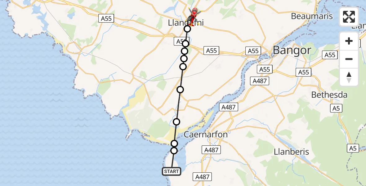 Flight path map showing Air Ambulance Helicopter route from Caernarfon Airport to Llangefni