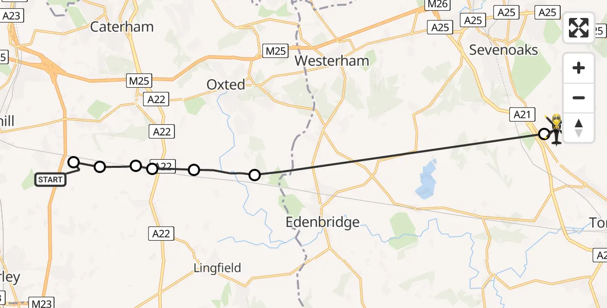 Flight path map showing Police Helicopter route from South Nutfield to Tonbridge and Malling