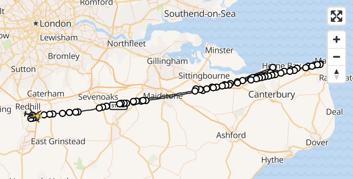 Flight path map showing Police Helicopter route from Shipbourne to Redhill Aerodrome