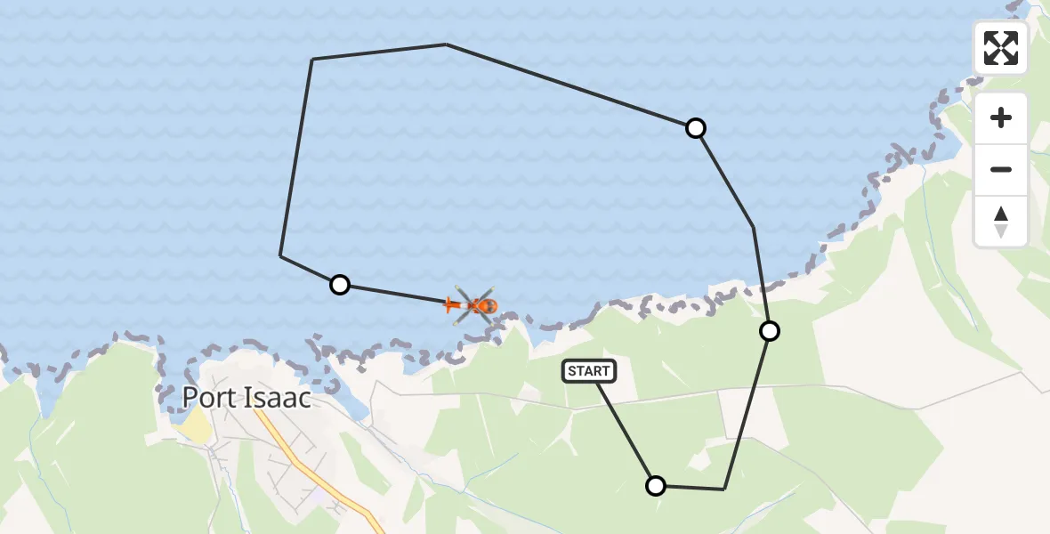 Flight path map showing Coastguard Helicopter route from Port Isaac to Port Isaac