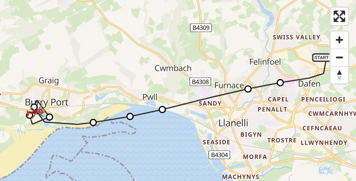 Flight path map showing Air Ambulance Helicopter route from Dafen to Burry Port