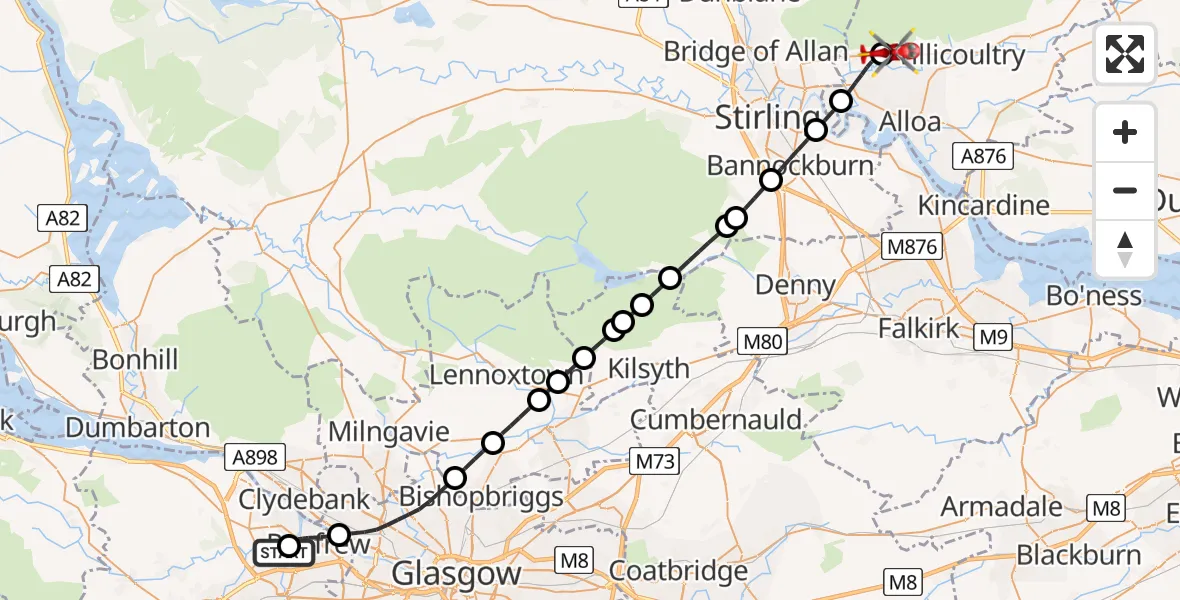 Flight path map showing Air Ambulance Helicopter route from Glasgow Airport to Alva