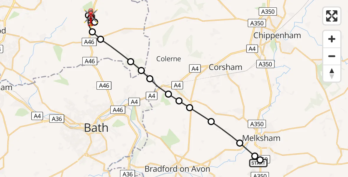Flight path map showing Air Ambulance Helicopter route from Wiltshire Air Ambulance to West Littleton