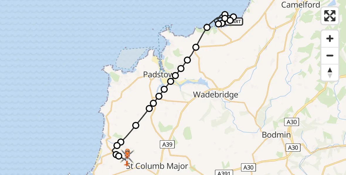 Flight path map showing Coastguard Helicopter route from St. Teath to Cornwall Airport Newquay
