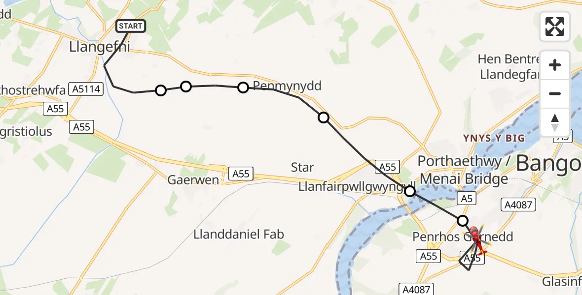 Flight path map showing Air Ambulance Helicopter route from Llangefni to Penrhos Garnedd