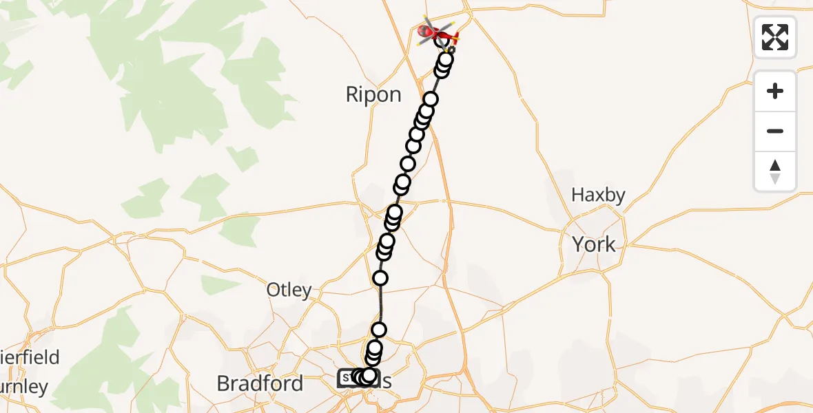 Flight path map showing Air Ambulance Helicopter route from Woodhouse to RAF Topcliffe