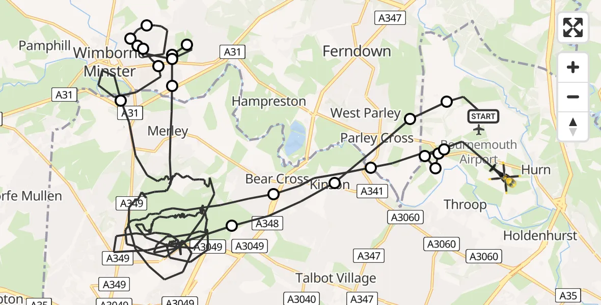 Flight path map showing Police Helicopter route from Bournemouth Airport to Bournemouth Airport