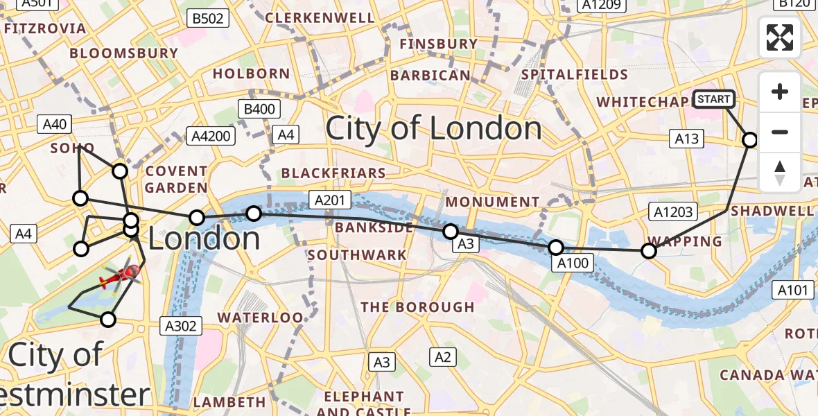 Flight path map showing Air Ambulance Helicopter route from Royal London Hospital to Lambeth