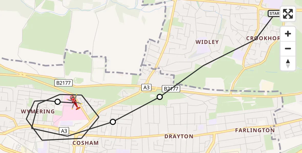 Flight path map showing Air Ambulance Helicopter route from Havant to Queen Alexandra Hospital