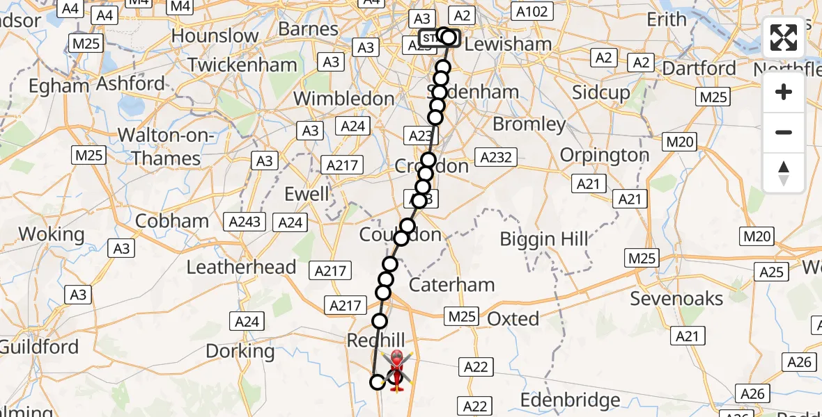 Flight path map showing Air Ambulance Helicopter route from Kings College London Hospital to Redhill Aerodrome