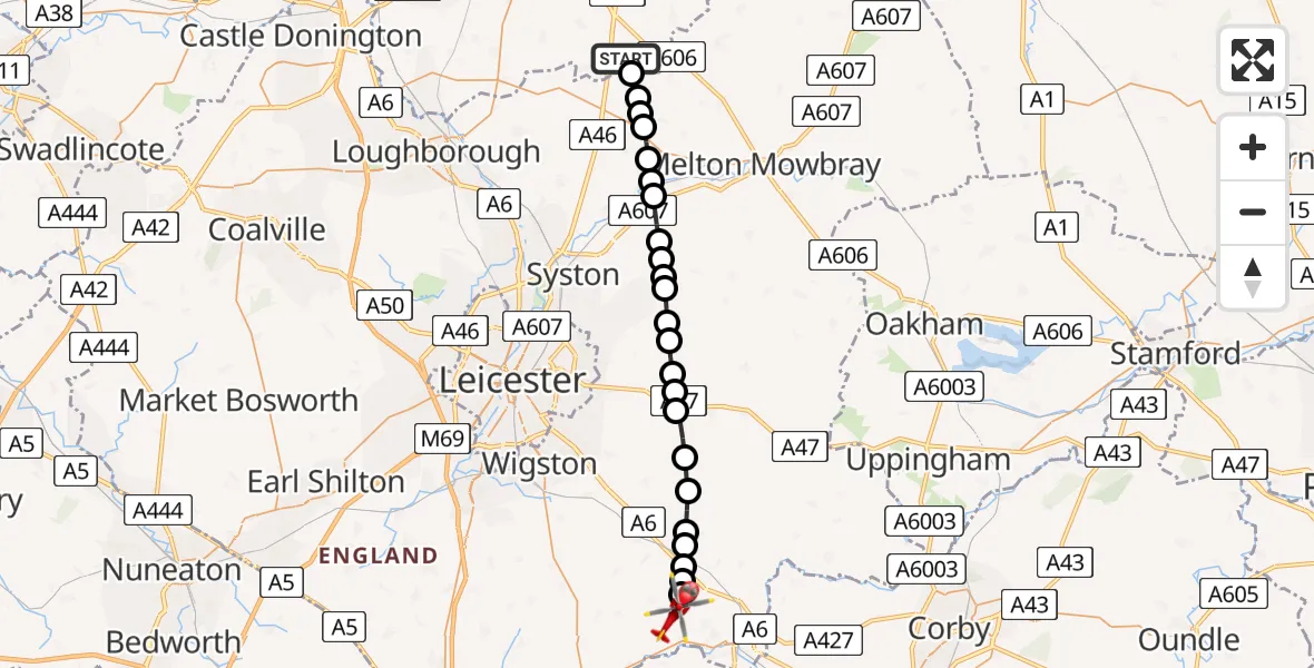 Flight path map showing Air Ambulance Helicopter route from Rushcliffe to Foxton