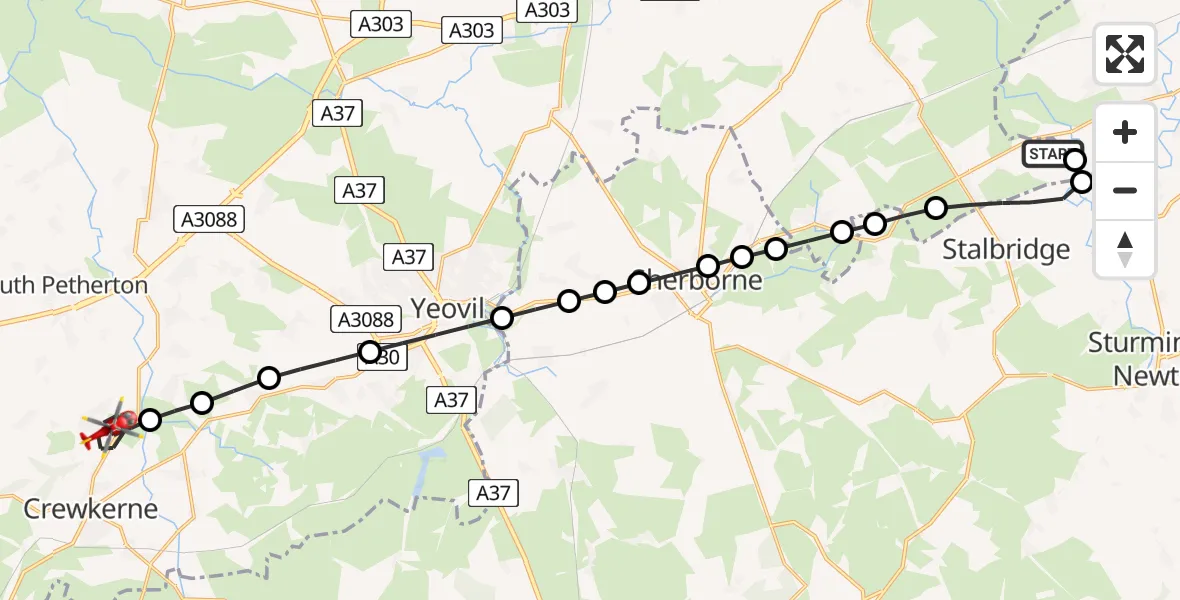 Flight path map showing Air Ambulance Helicopter route from Henstridge Airfield to Merriott