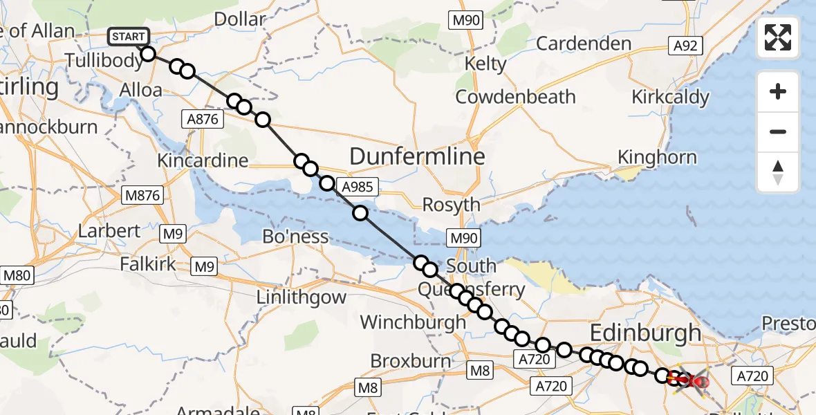 Flight path map showing Air Ambulance Helicopter route from Alva to Moredun