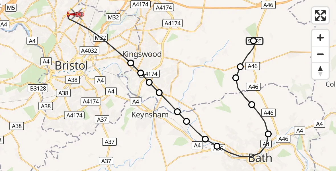 Flight path map showing Air Ambulance Helicopter route from West Littleton to Bristol