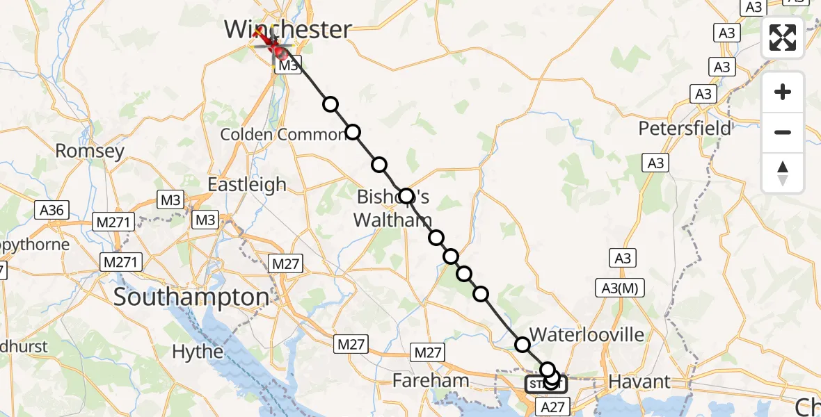 Flight path map showing Air Ambulance Helicopter route from Queen Alexandra Hospital to Winchester