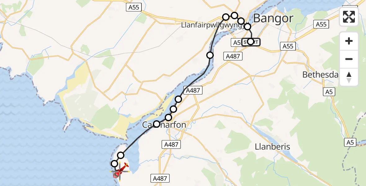 Flight path map showing Air Ambulance Helicopter route from Ysbyty Gwynedd Hospital Heliport to Caernarfon Airport