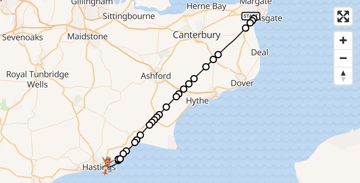 Flight path map showing Coastguard Helicopter route from Manston Airport to English Channel