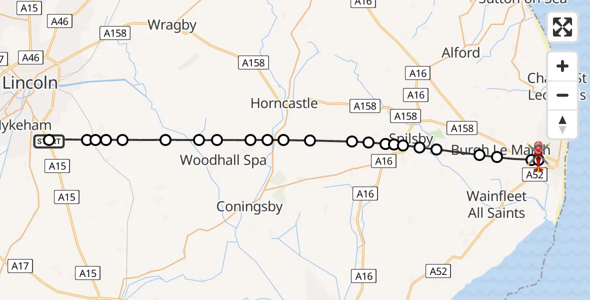 Flight path map showing Air Ambulance Helicopter route from RAF Waddington to Skegness