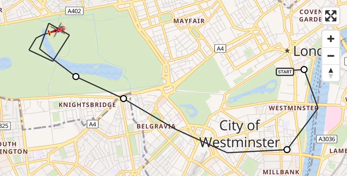 Flight path map showing Air Ambulance Helicopter route from City of Westminster to City of Westminster
