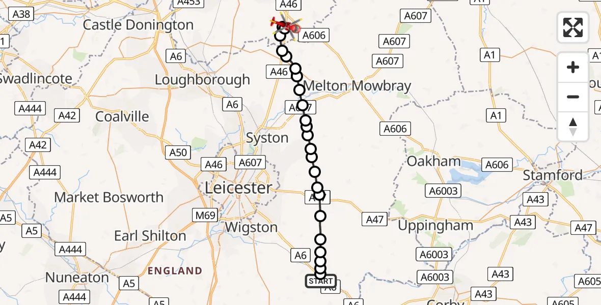 Flight path map showing Air Ambulance Helicopter route from West Langton to Nottingham Heliport