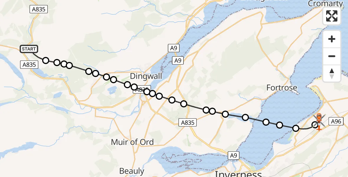 Flight path map showing Coastguard Helicopter route from Garve to Inverness Airport