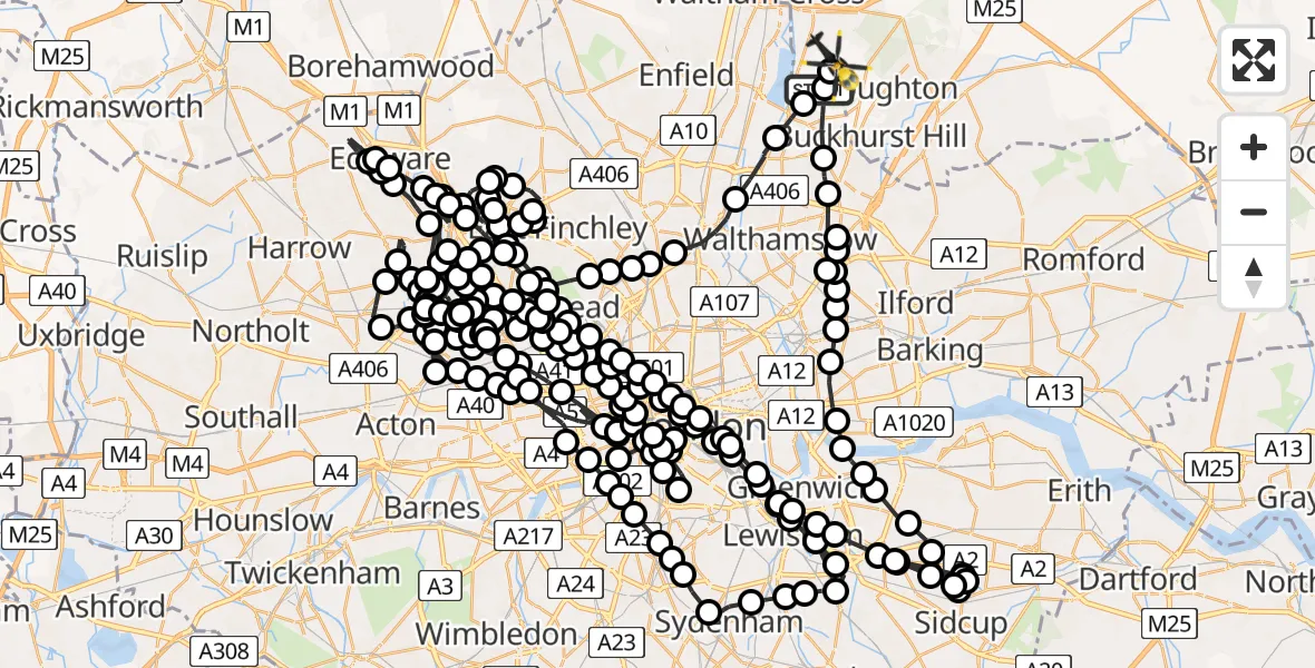 Flight path map showing Police Helicopter route from Sewardstonebury to Sewardstonebury
