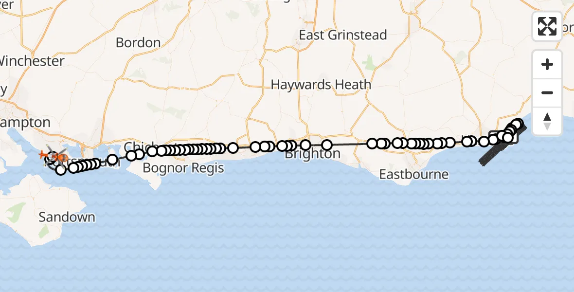 Flight route Coastguard Helicopter Fairlight - Solent Airport, 21 April 2026, 18:45