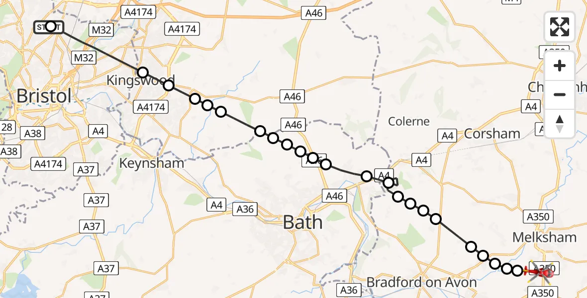 Flight path map showing Air Ambulance Helicopter route from Southmead Hospital to Semington