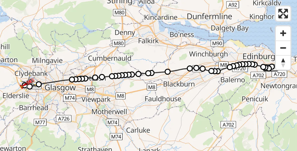 Flight path map showing Air Ambulance Helicopter route from RIE Rooftop to Glasgow Airport