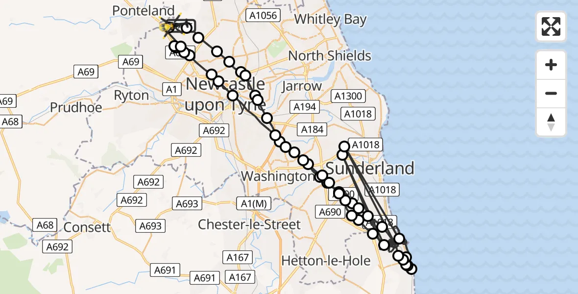 Flight path map showing Police Helicopter route from Newcastle International Airport to Newcastle International Airport