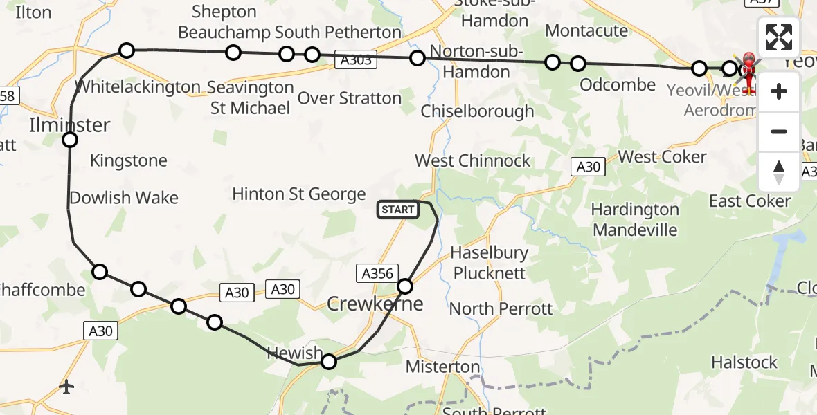 Flight path map showing Air Ambulance Helicopter route from Merriott to Yeovil