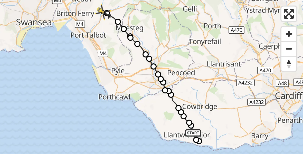 Flight path map showing Police Helicopter route from Boverton to Cwmavon