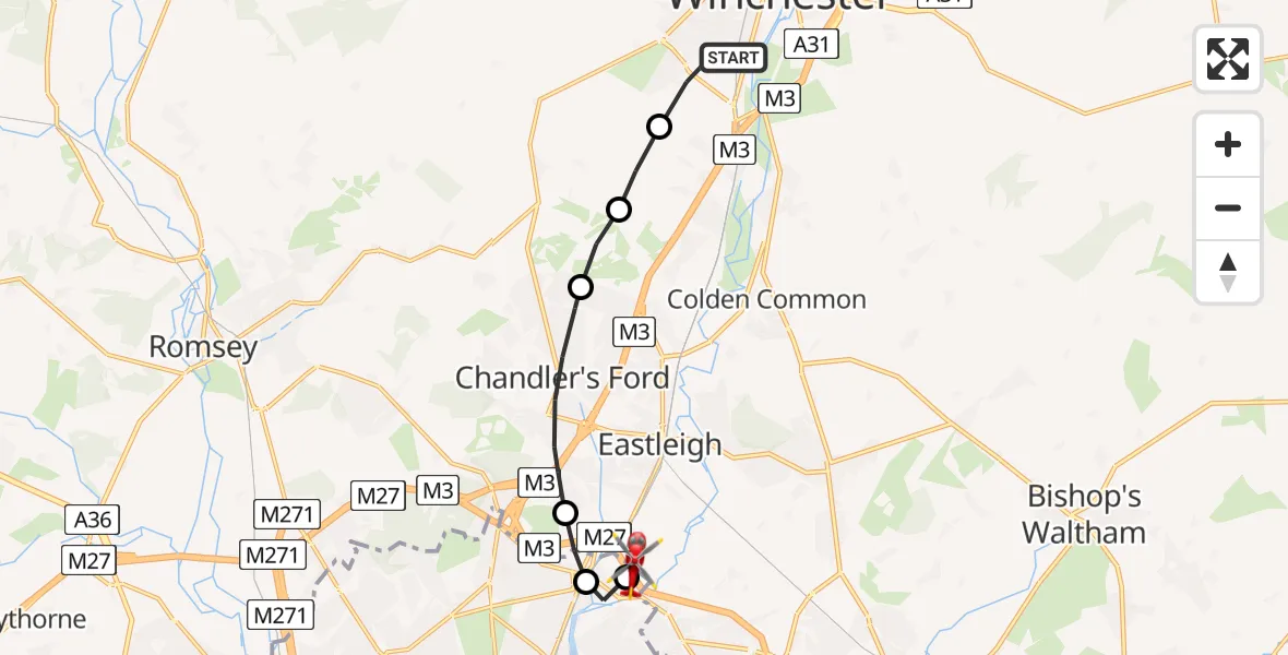 Flight path map showing Air Ambulance Helicopter route from Winchester to Southampton Airport