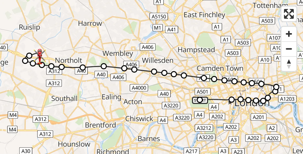 Flight path map showing Air Ambulance Helicopter route from City of Westminster to RAF Northolt