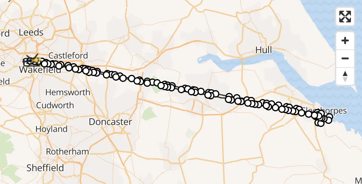 Flight path map showing Police Helicopter route from Wrenthorpe to East Ardsley