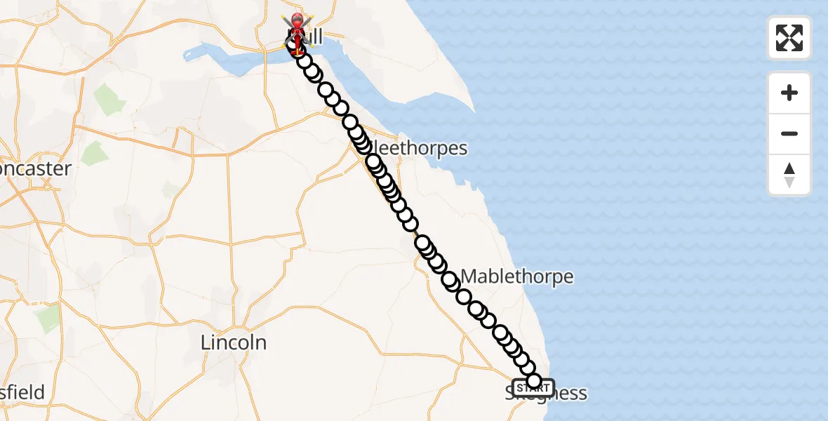Flight path map showing Air Ambulance Helicopter route from Skegness to Hull Royal Infirmary