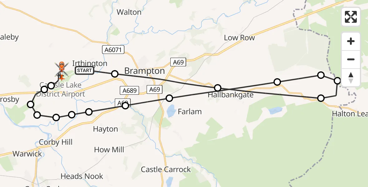 Flight path map showing Coastguard Helicopter route from Irthington to Carlisle Lake District Airport