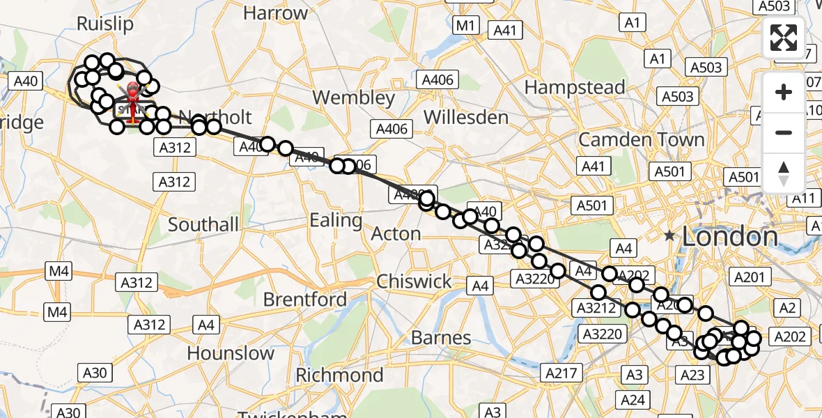 Flight path map showing Air Ambulance Helicopter route from RAF Northolt to RAF Northolt