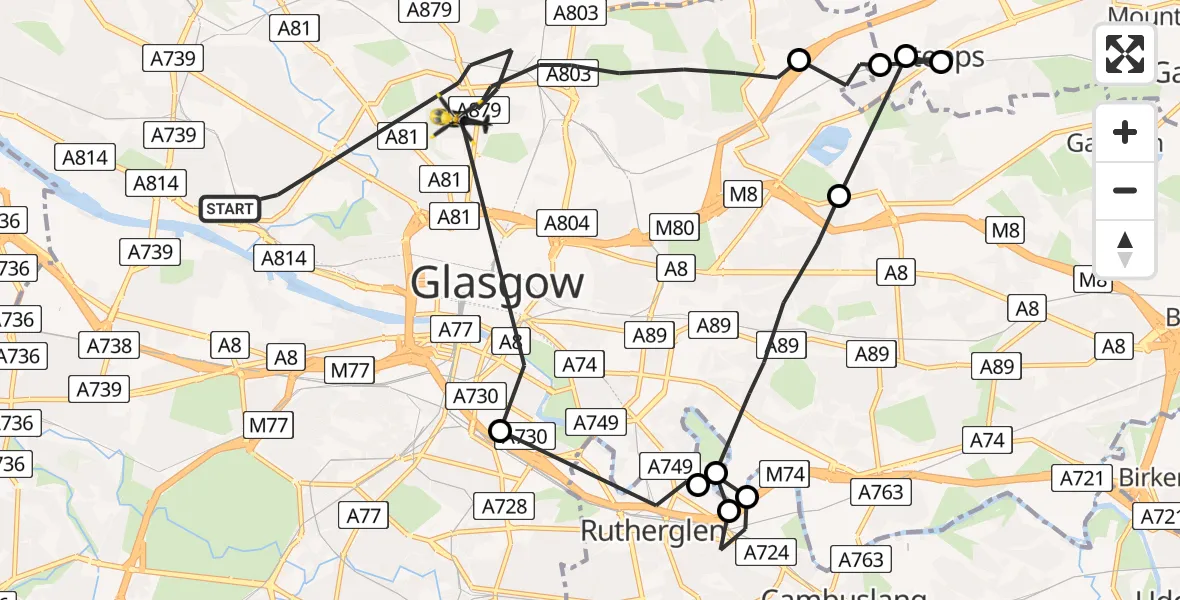 Flight path map showing Police Helicopter route from Glasgow to Glasgow