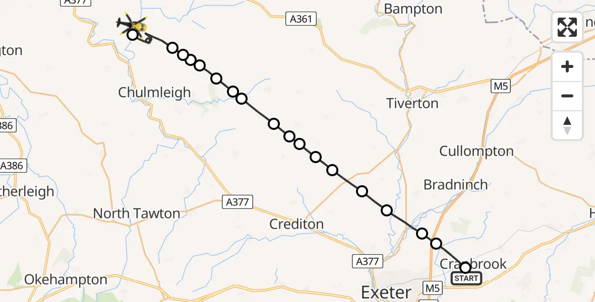 Flight path map showing Police Helicopter route from Exeter International Airport to Chittlehamholt
