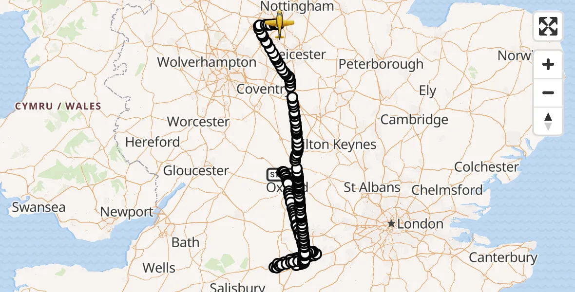 Flight route Police Aircraft London Oxford Airport - East Midlands Airport, 21 April 2026, 19:37