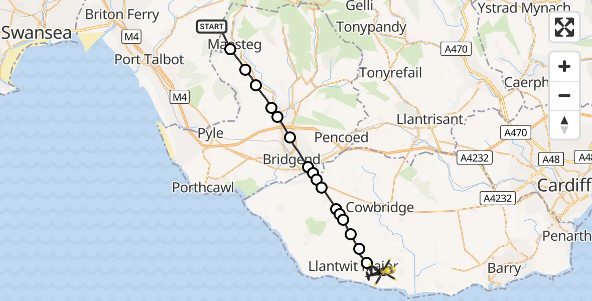 Flight path map showing Police Helicopter route from Bryn to MOD St Athan
